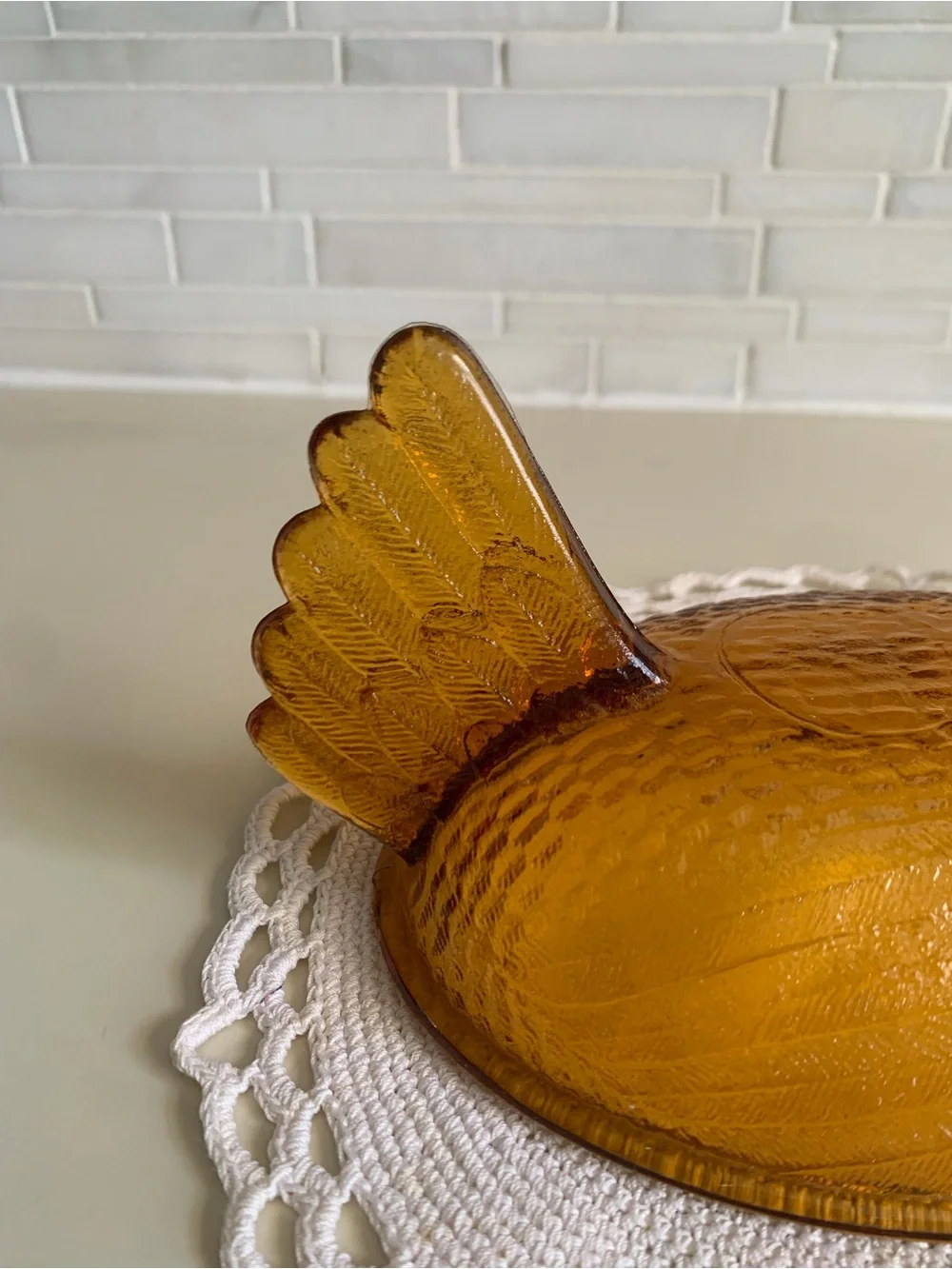 Vintage Indiana Glass Amber Hen on Nest 7” Beaded Rim Covered Dish